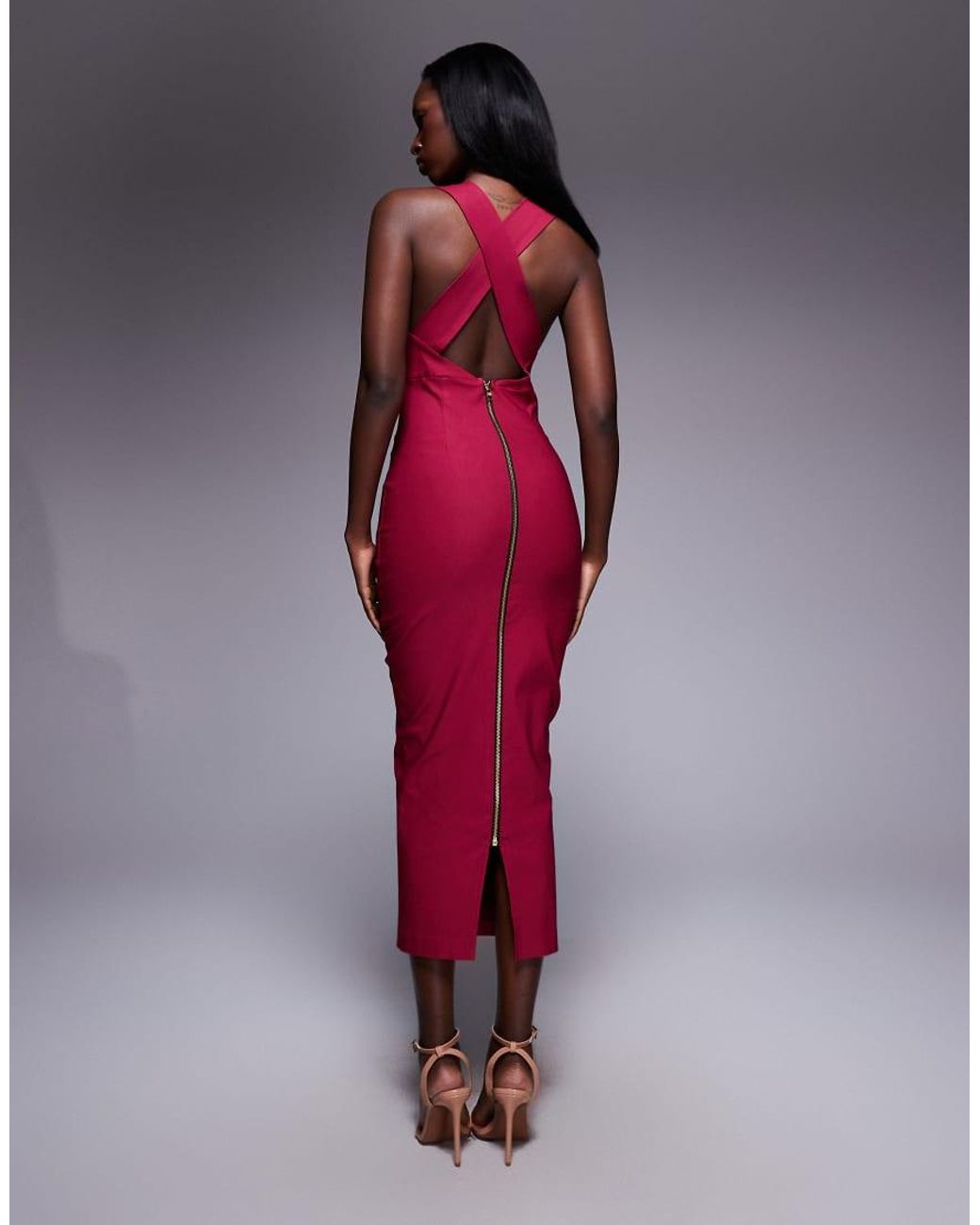 Vesper Red Plunge Neck Bodycon Midaxi Dress With Cross Straps