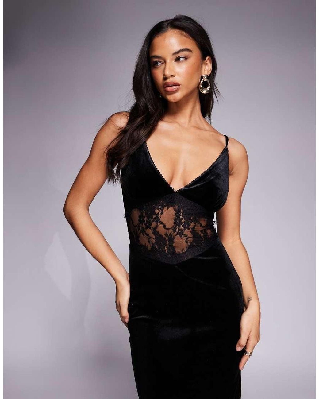 TFNC London Black Plunge Neck Maxi Dress With Lace Insert