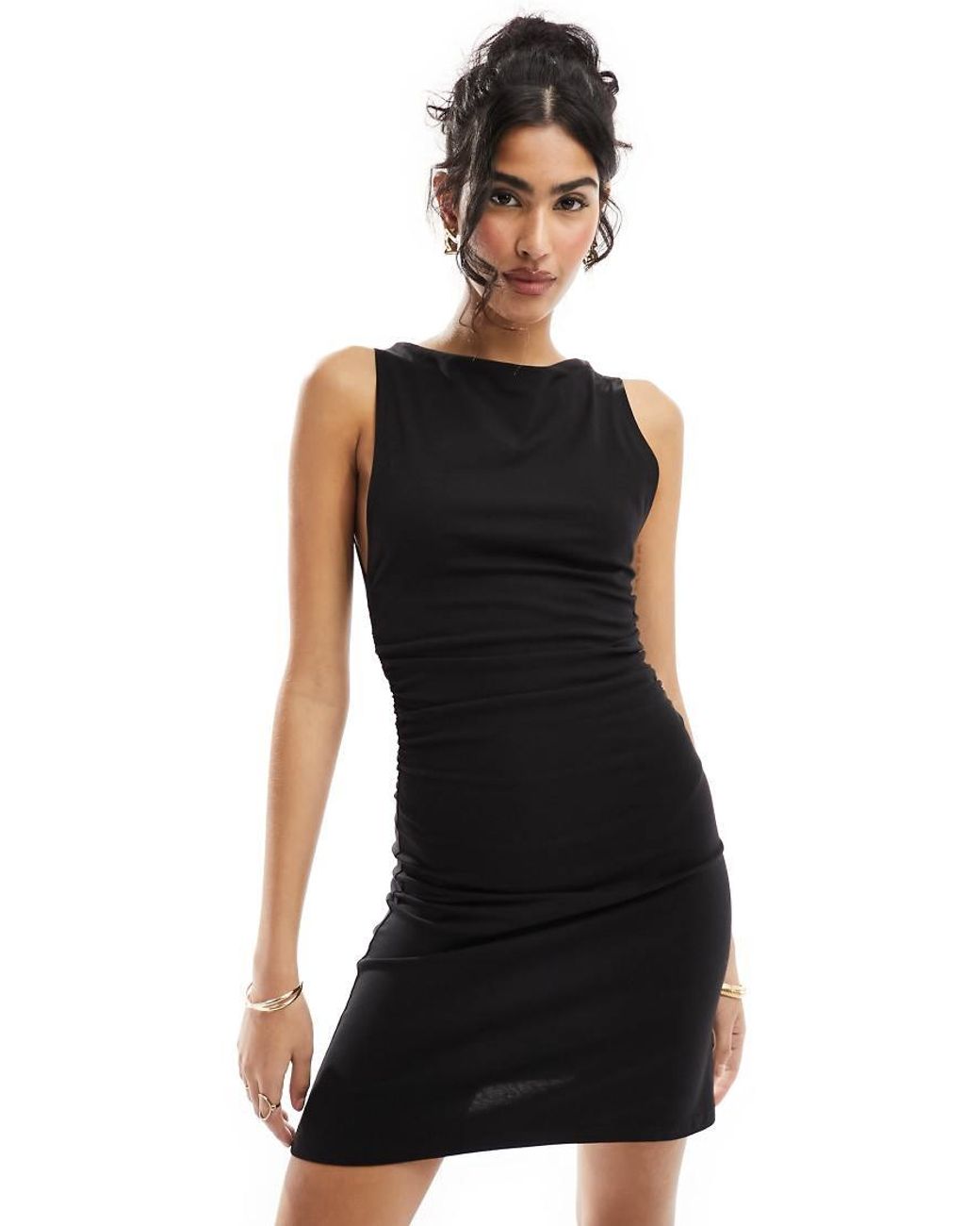 ASOS Black Boat Neck Mini Dress With Ruched Sides