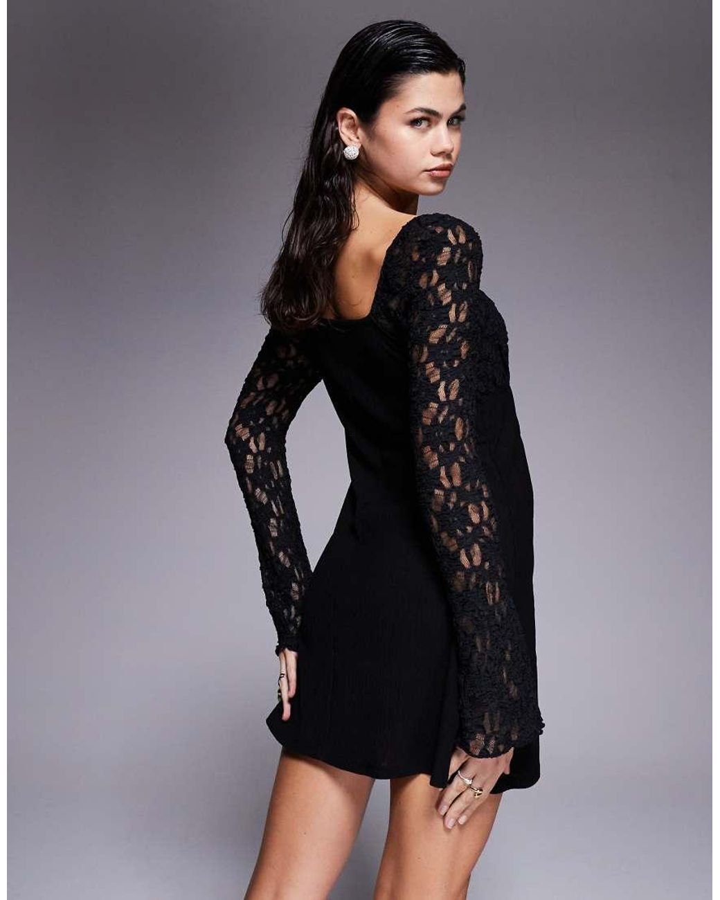 ASOS Black Square Neck Lace Sleeve Mini Dress