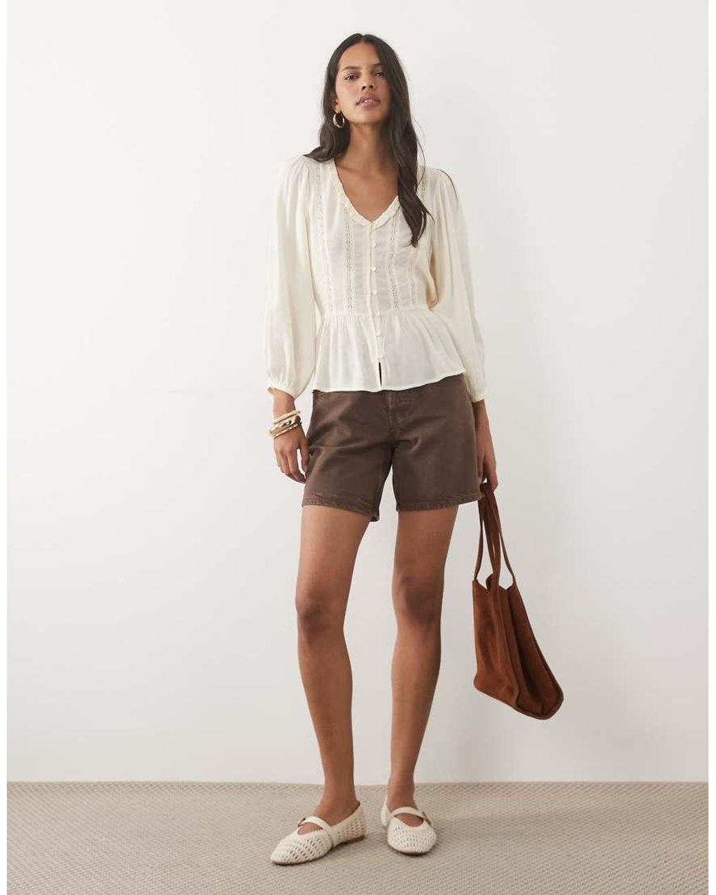 New Look Natural Broderie Detail Frill Blouse