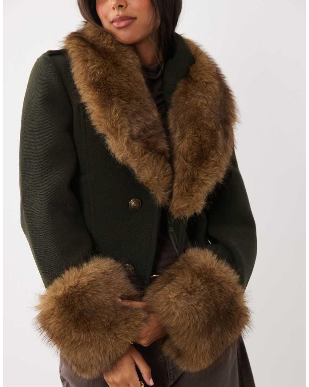 Mango Brown Wool Mix Short Jacket With Faux Fur Trims