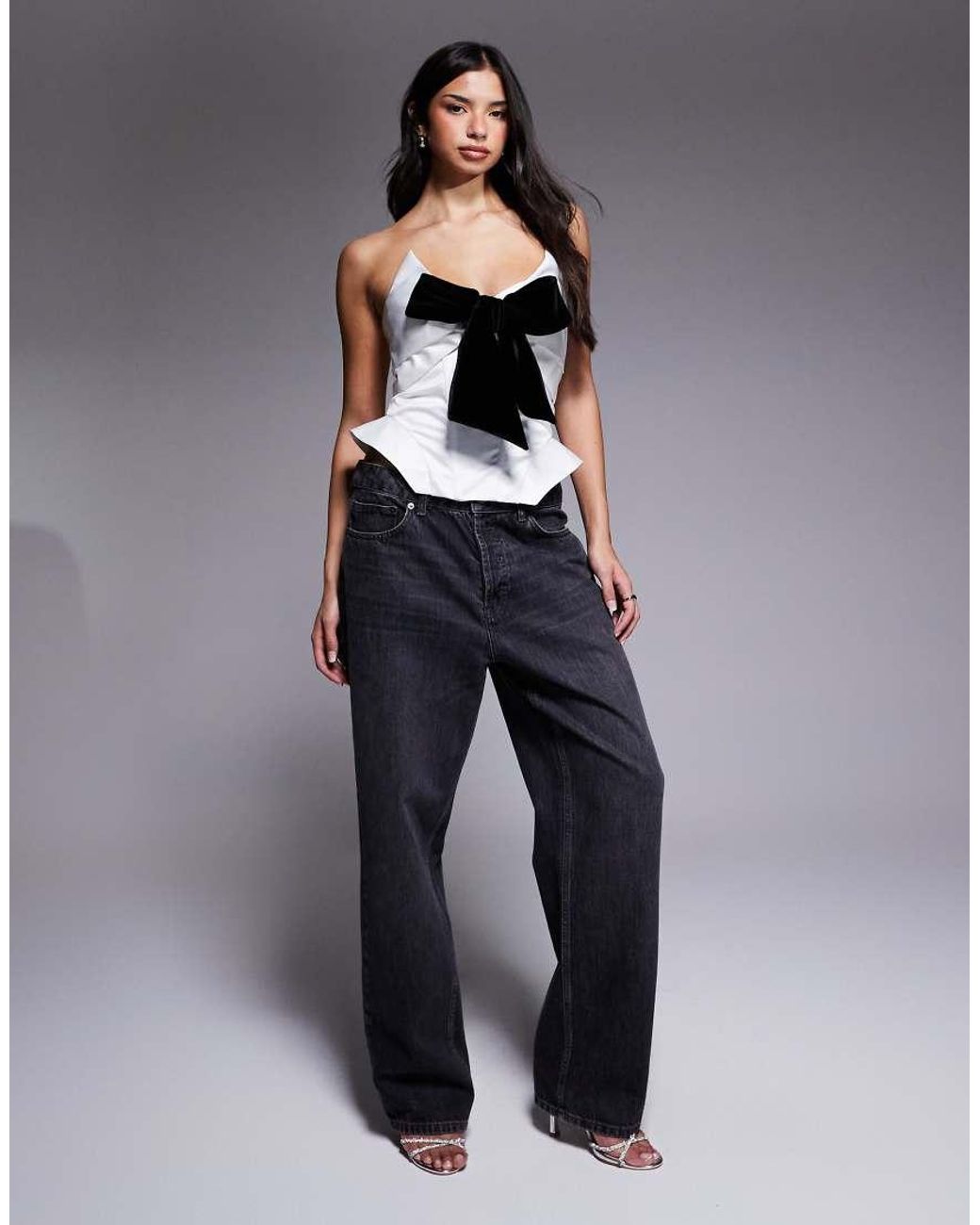 ASOS Gray Bonded Satin Corset Top With Velvet Bow