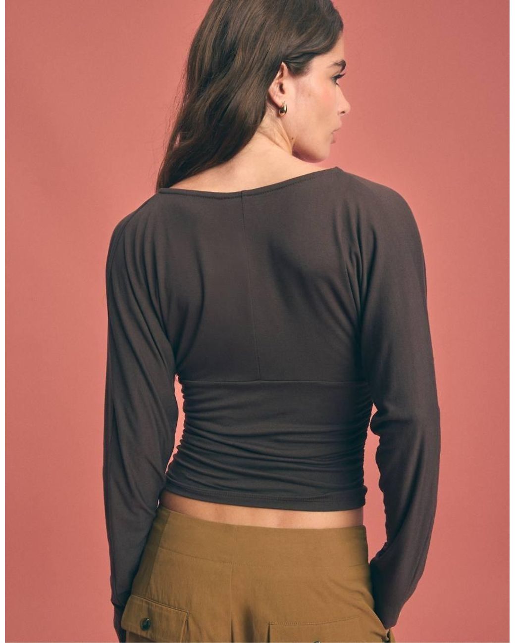 Stradivarius Brown Long Sleeve V-neck T-shirt