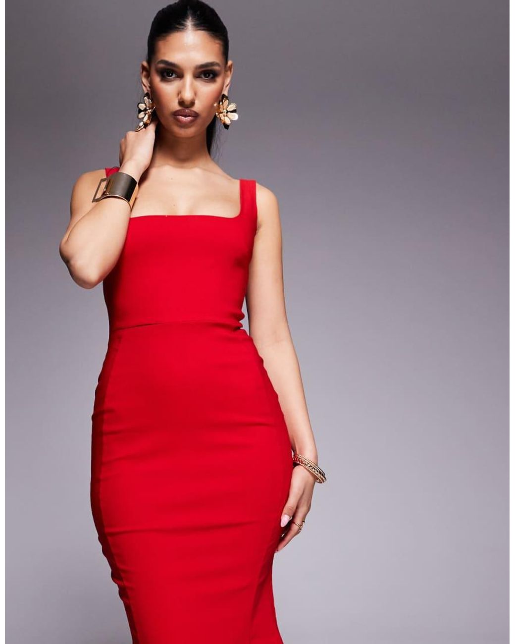 Vesper Red Bengaline Sleeveless Square Neck Fishtail Midi Dress