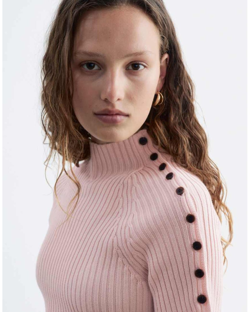 & Other Stories Pink Cotton Blend Short Sleeve Knitted Top With Shoulder Button Detail