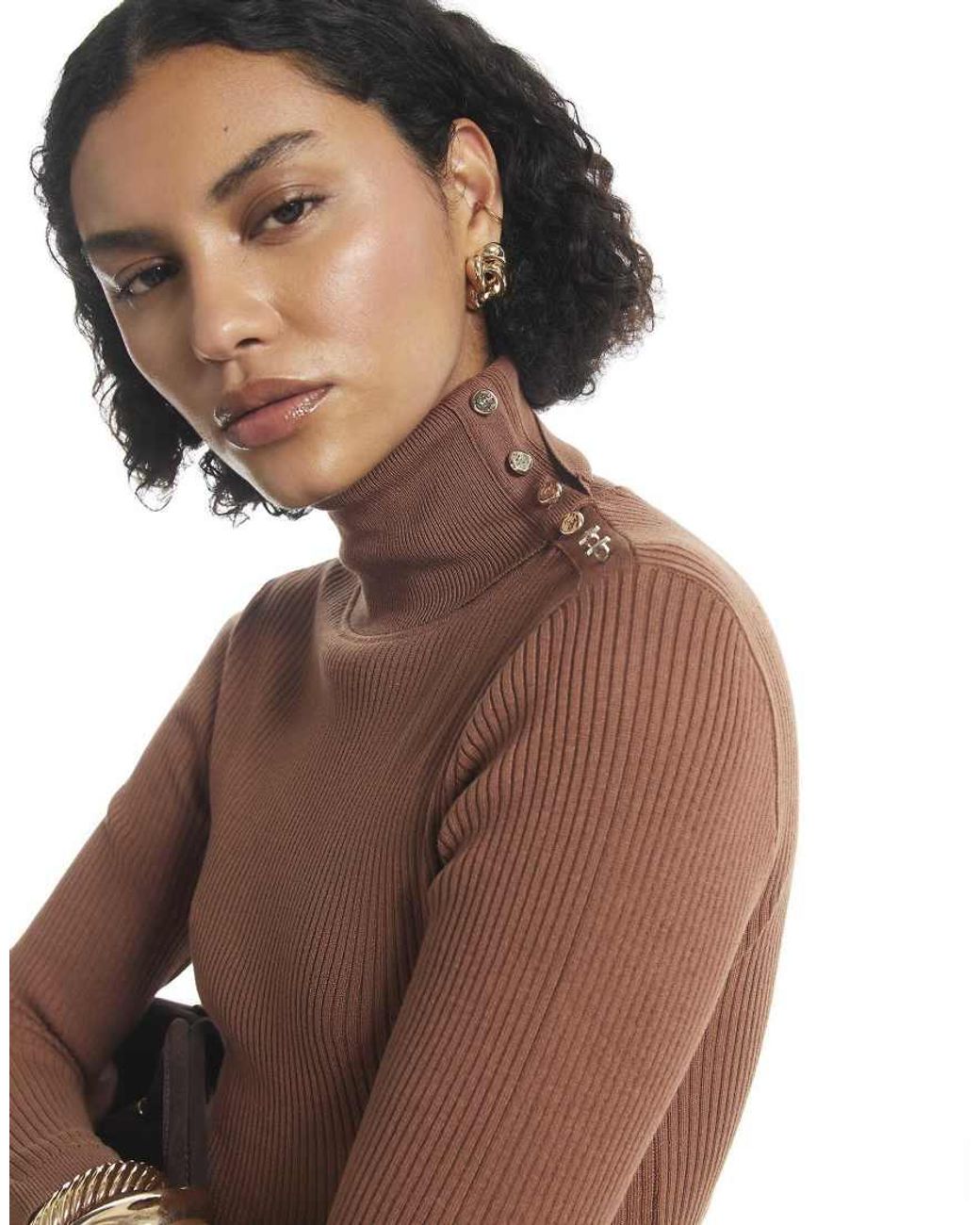 River Island Brown Rib Knit Roll Neck Top