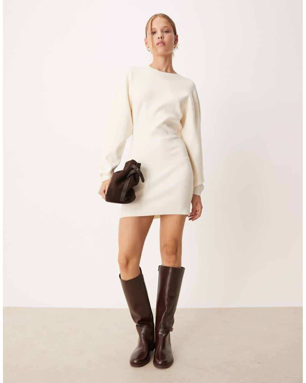 Gina Tricot Natural Long Sleeve Shaped Sculpt Knitted Dress