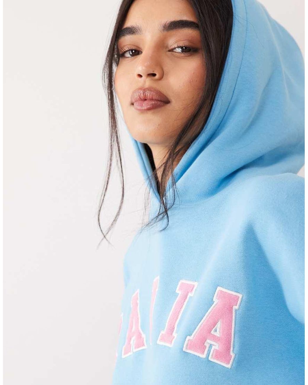 Kaiia Blue Cotton Rich Embroidered Logo Oversized Hoodie