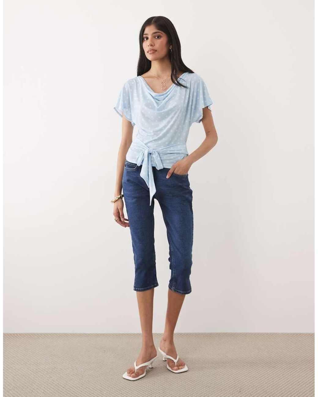 Miss Selfridge Blue Cowl Neck Top With Batwing Sleeves