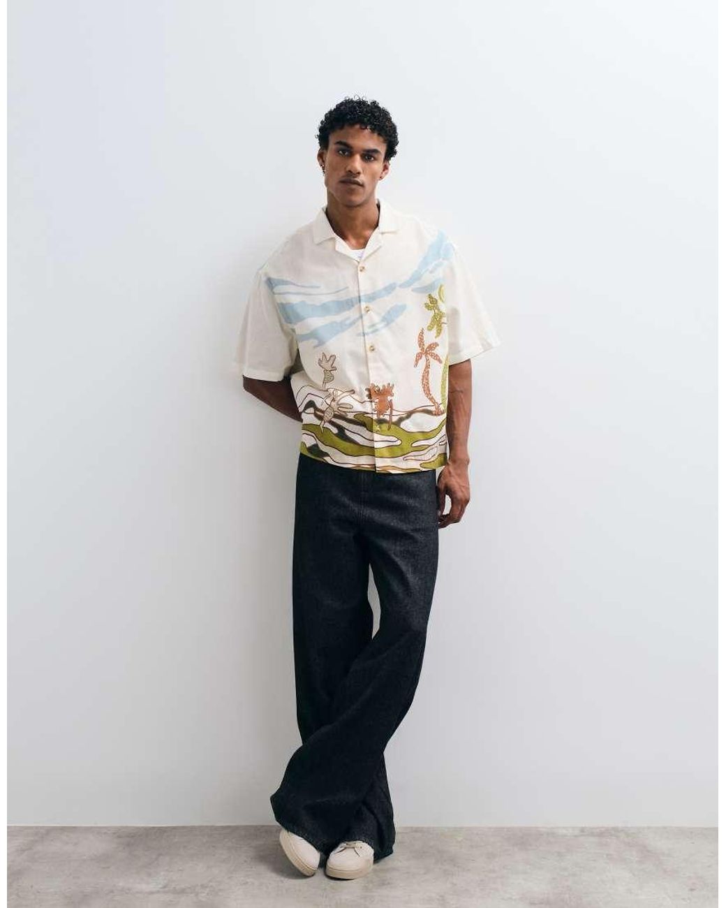ASOS White Boxy Oversized Printed Shirt With Linen for men
