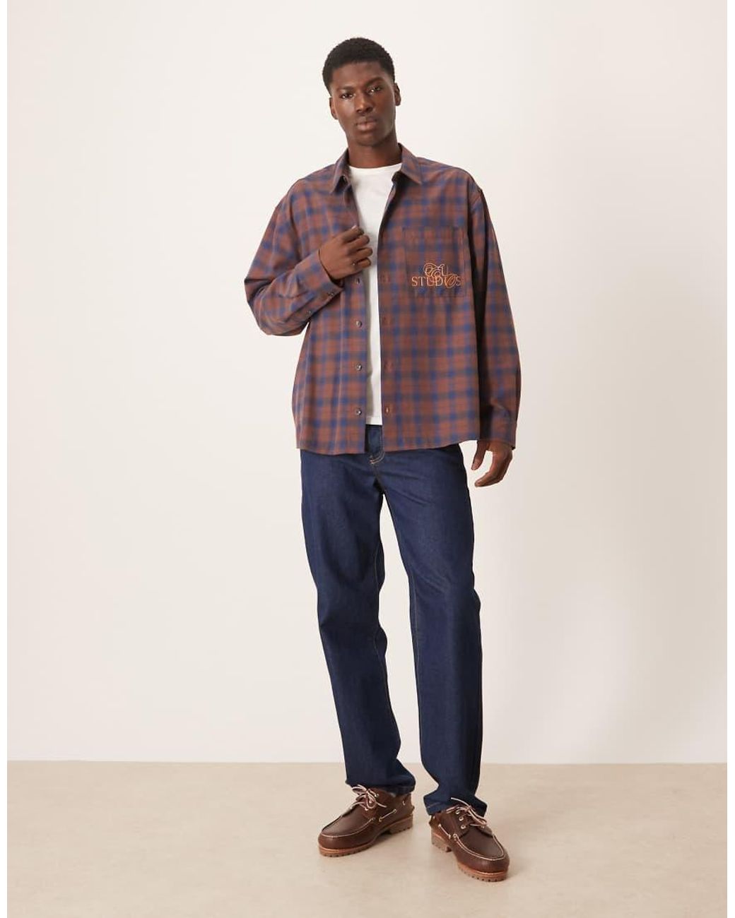 ASOS Purple Oversized Check Shirt With Chest Embroidery for men
