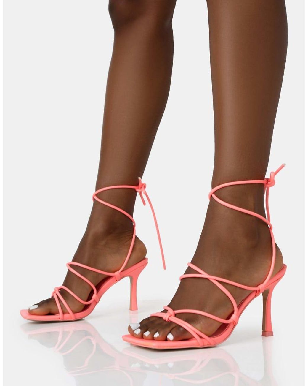 Public Desire Brown Duet Neon Pink Knot Strappy Lace Up Square Toe Mid Heels