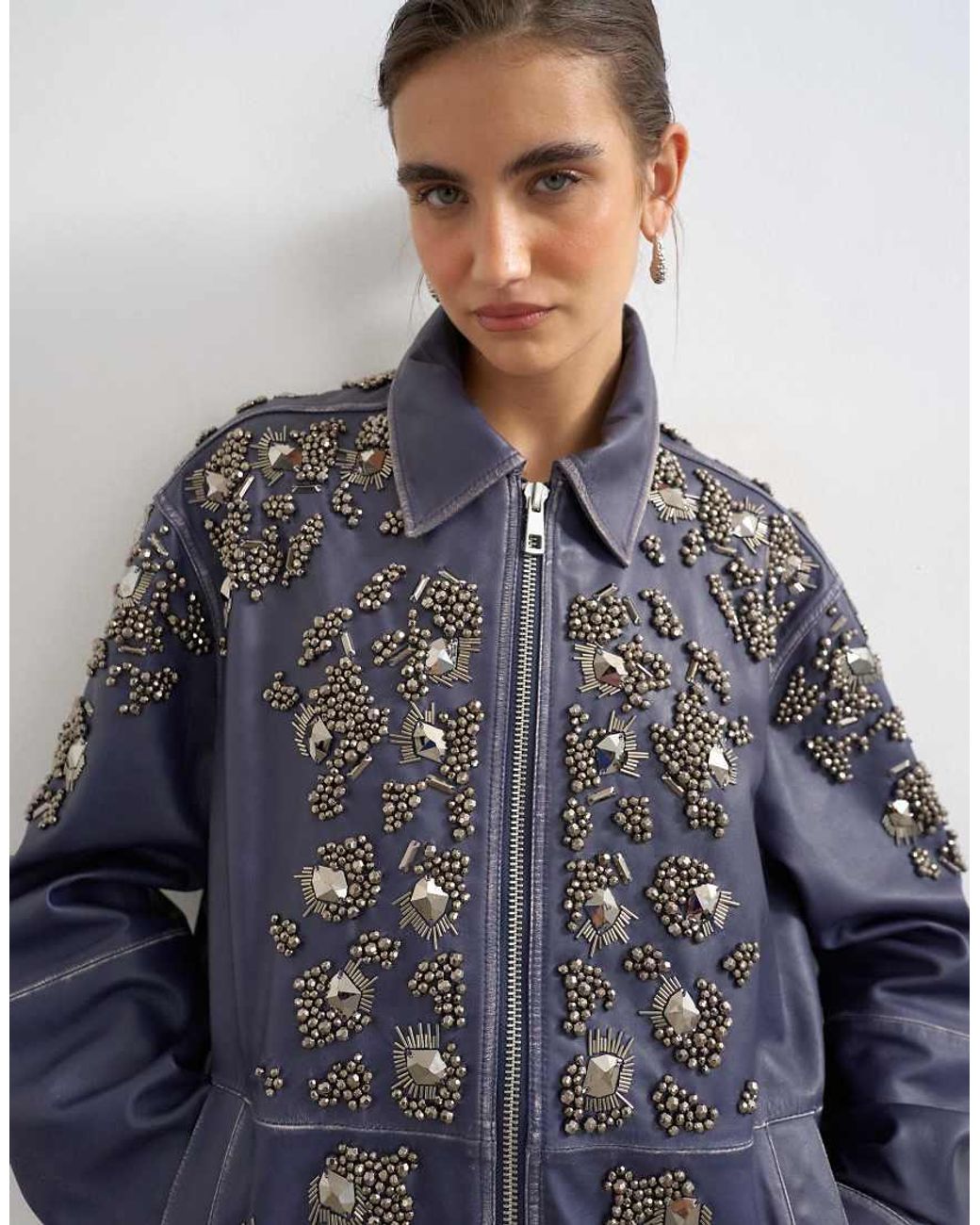 TOPSHOP Blue Beaded Real Leather Jacket