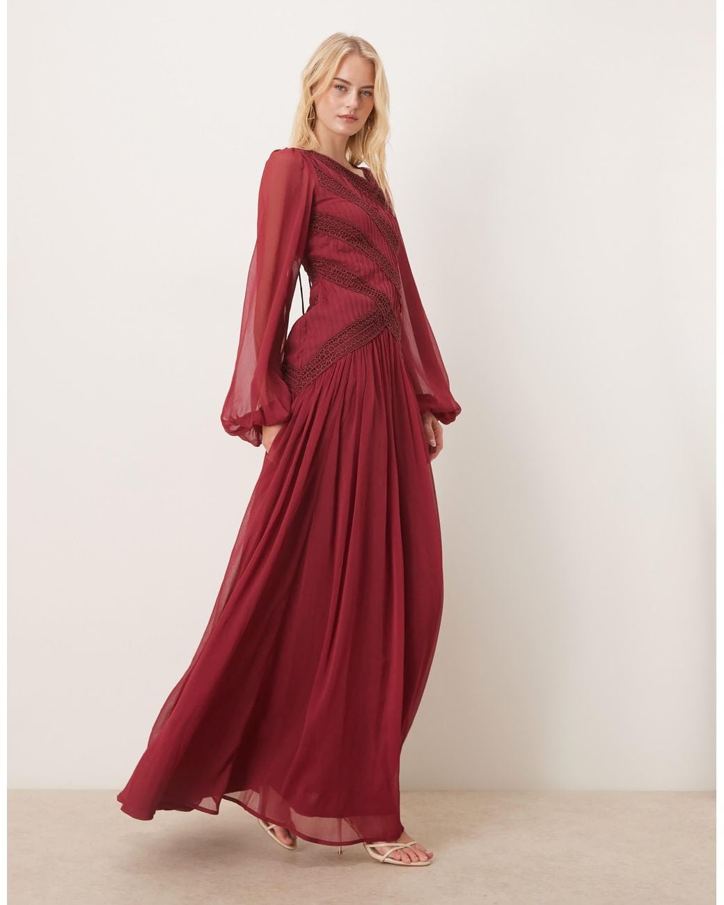 ASOS Red Asos Design Tall Long Sleeved Asymmetric Neckline Maxi Dress With Lace Trim