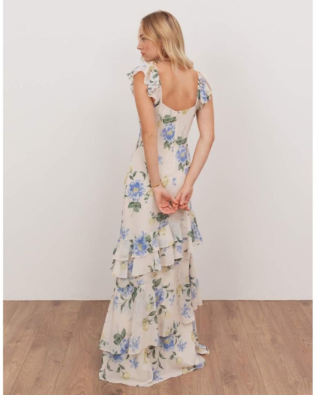 ANAYA Natural Flutter Sleeve Asymmetric Ruffle Maxi Dress