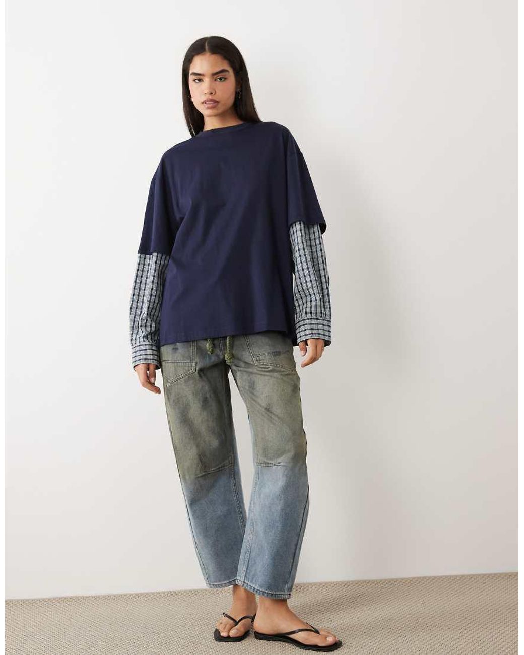 Lioness Blue 2 In 1 Oversized T-shirt Overlay And Check Diamante Long Sleeve Shirt In Check
