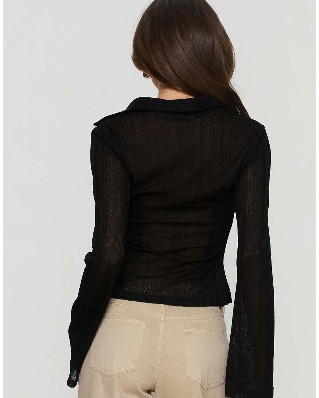 Princess Polly Black When You Sleep Semi Sheer Button Through Flare Sleeve Fitted Shirt