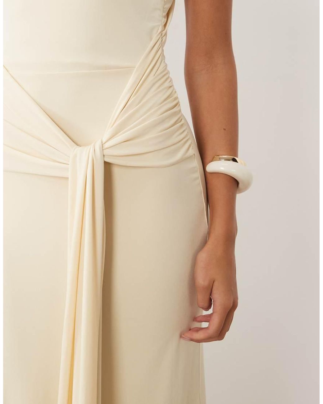 TFNC London Natural Slinky Slash Neck Open Back Tie Detail Maxi Dress