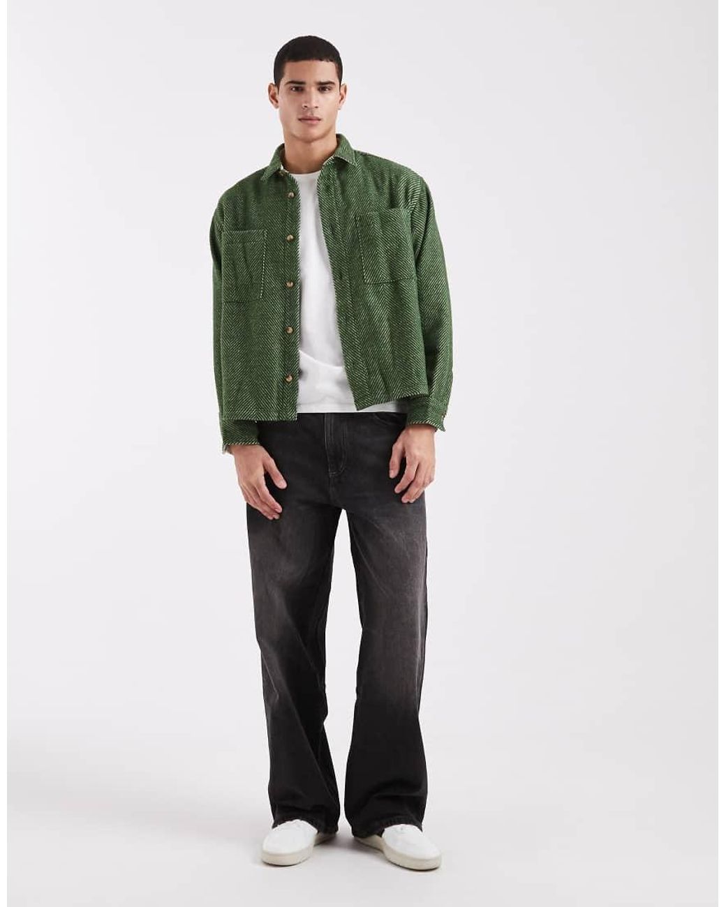 ASOS Green Boxy Oversized Wool Blend Herringbone Shirt for men