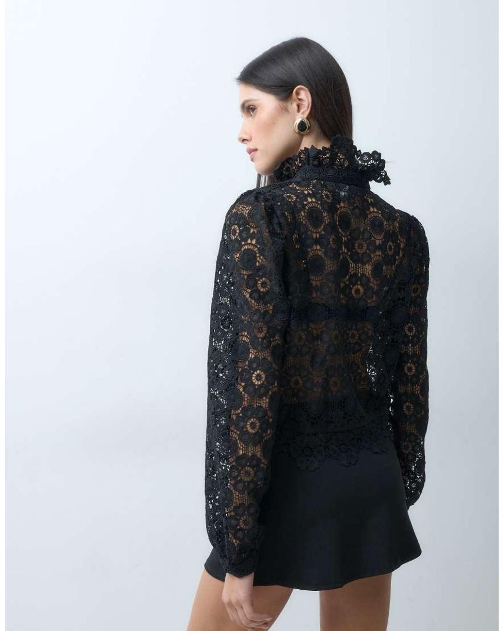Lioness Black Overtime Sheer Lace Intricate Floral Napoleon Button Detail Balloon Sleeve Blouse
