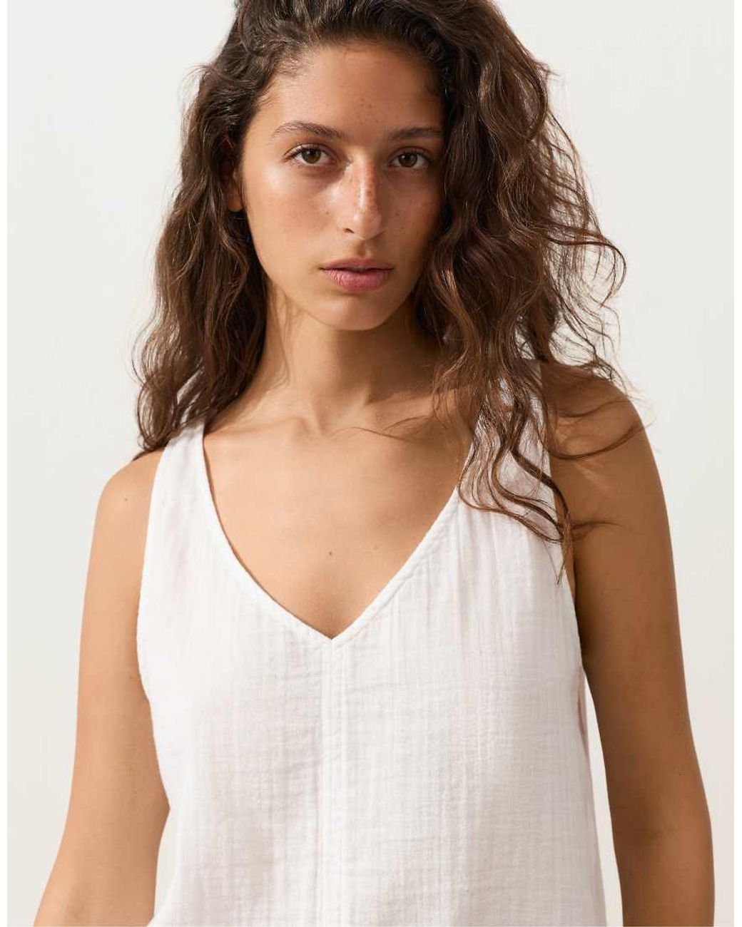 Oysho White 100% Cotton V-neck Strappy Top
