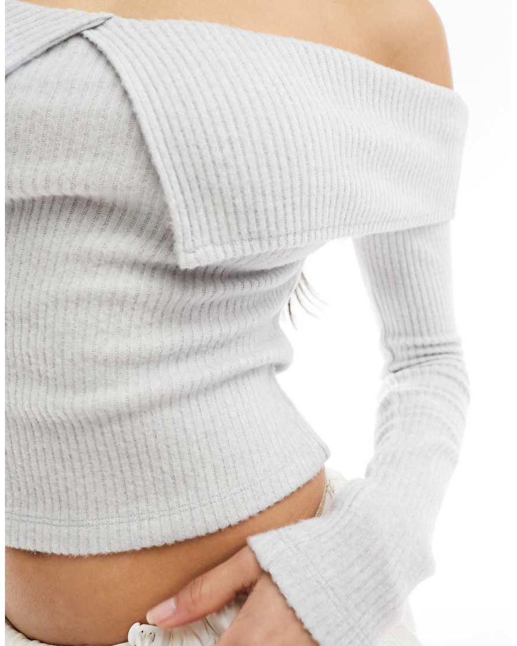 ASOS White Cosy Knitted Fold Over Bardot Top