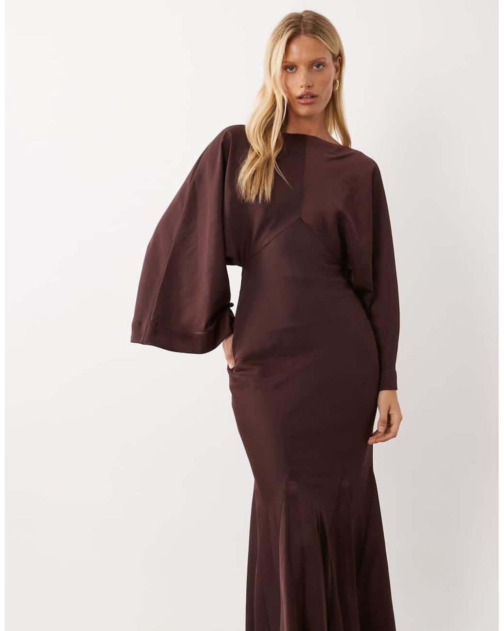 ASOS Brown Cape Kimono Sleeve Maxi Dress With Godets And Tassel Tie Detail