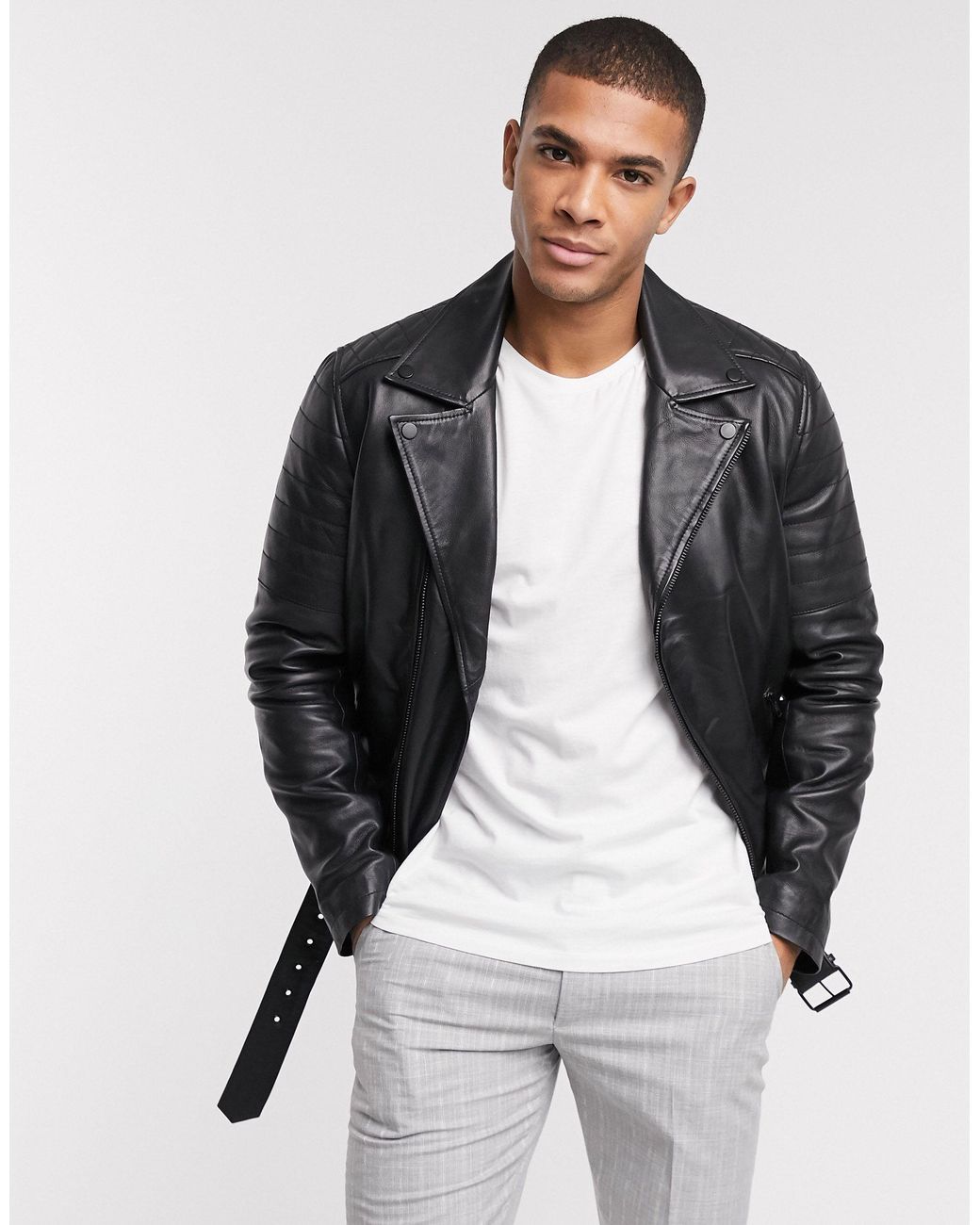Barneys Originals Barney s Originals Biker Leather Jacket With Belt And Trims in Black for Men Lyst Canada