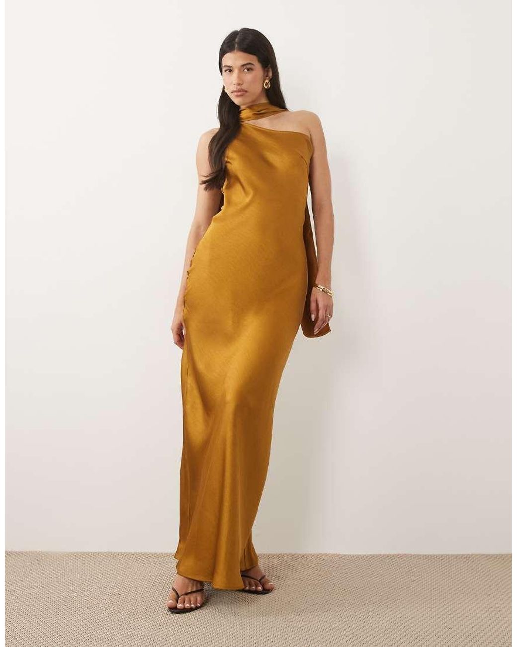TFNC London Brown Satin One Shoulder Maxi Dress With Scarf