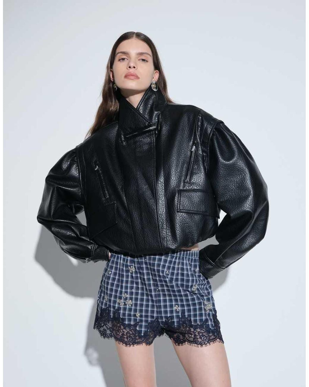 TOPSHOP Blue Faux Leather Cropped Bomber With Zips