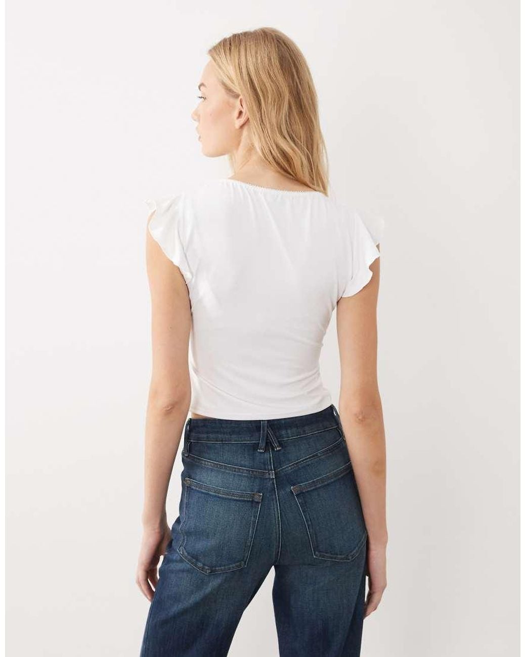 Miss Selfridge Blue Top With Angel Sleeves And Lace Trim