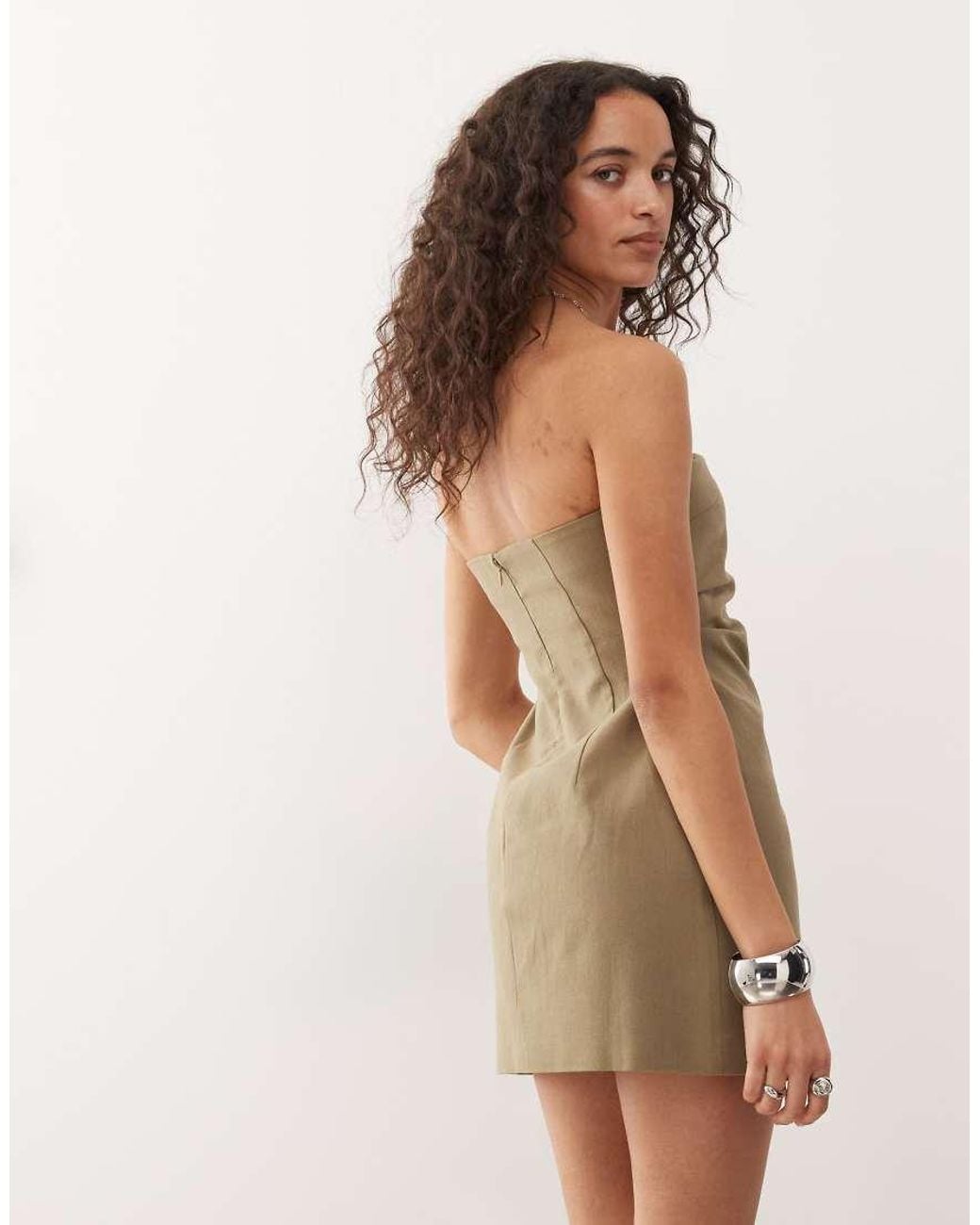 Lioness Brown Tranquility Linen Look Cotton Bandeau Gathered Mini Dress
