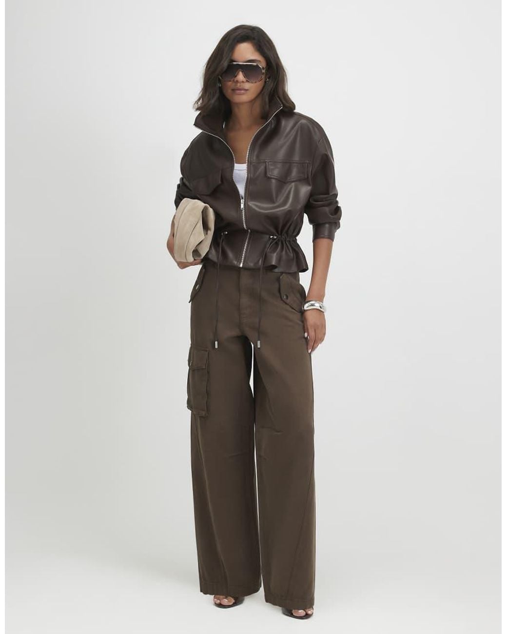 River Island Brown Faux Leather Drawstring Funnel Jacket