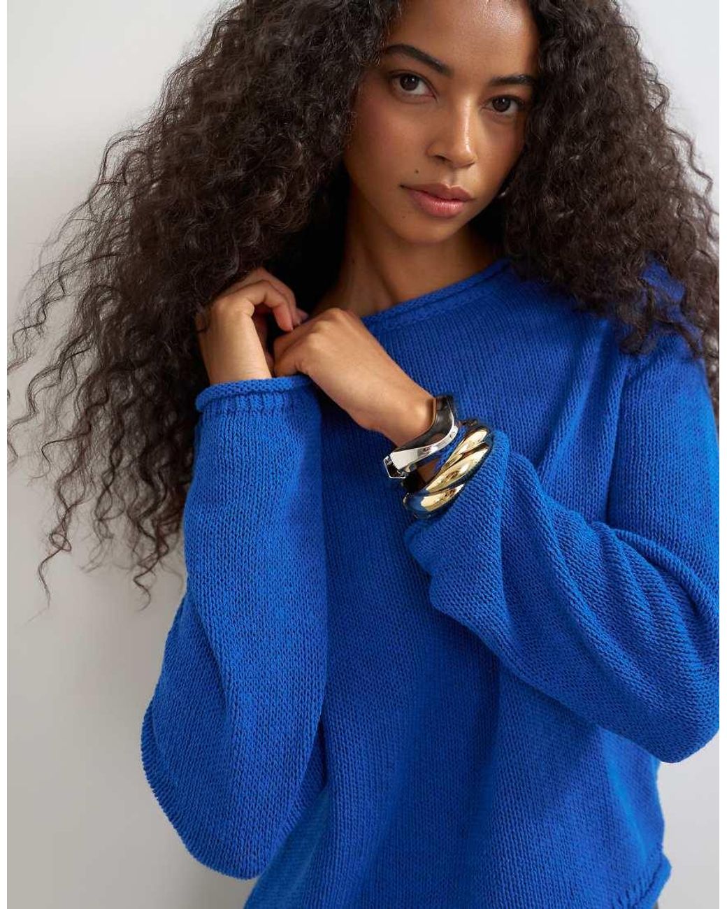 TOPSHOP Blue Knitted Long Sleeve Top With Roll Hem Trims