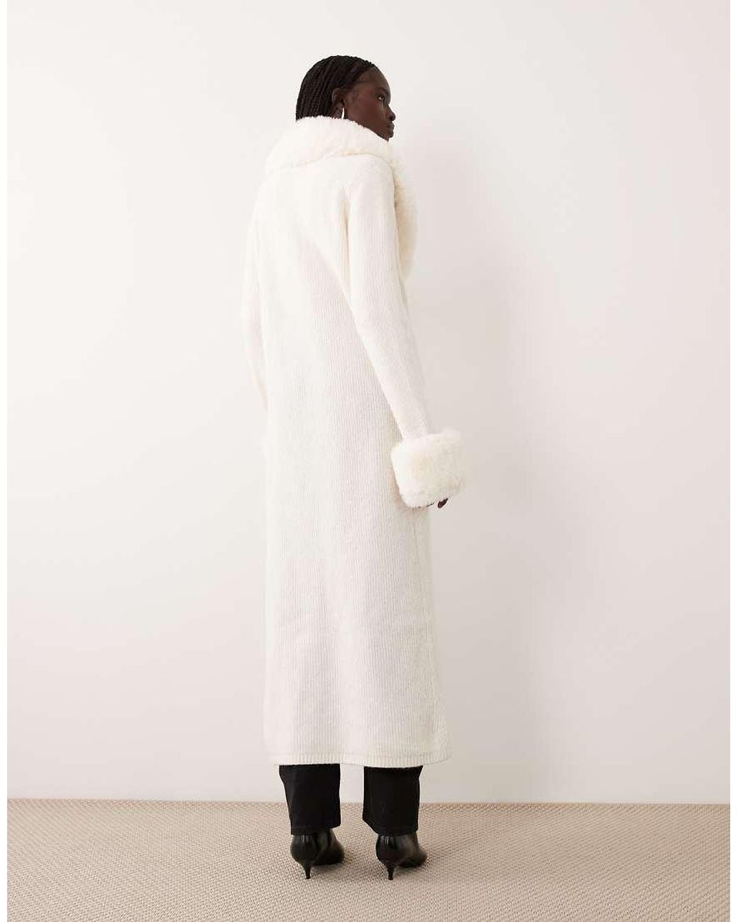 Miss Selfridge Natural Button Through Longline Cardigan With Fur Collar And Cuff