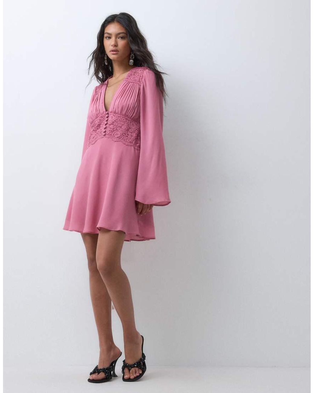 Abercrombie & Fitch Pink Long Sleeve V Neck Mini Dress With Lace Panel