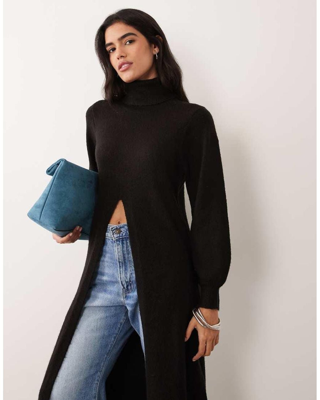Vila Black Roll Neck Knit Maxi Pullover Jumper With Split Detail