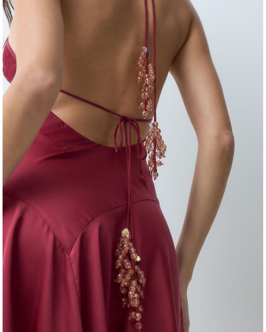 ASOS Red Halter Neck Asymmetric Hem Maxi Dress With Embellished Tie Ends