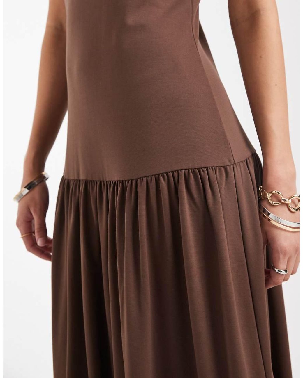 & Other Stories Brown Dropped Waist Midi Dress With Scoop Neck