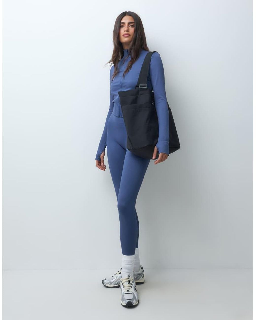 4505 Blue Seamless Baby Rib Cropped Zip Up Long Sleeve Top