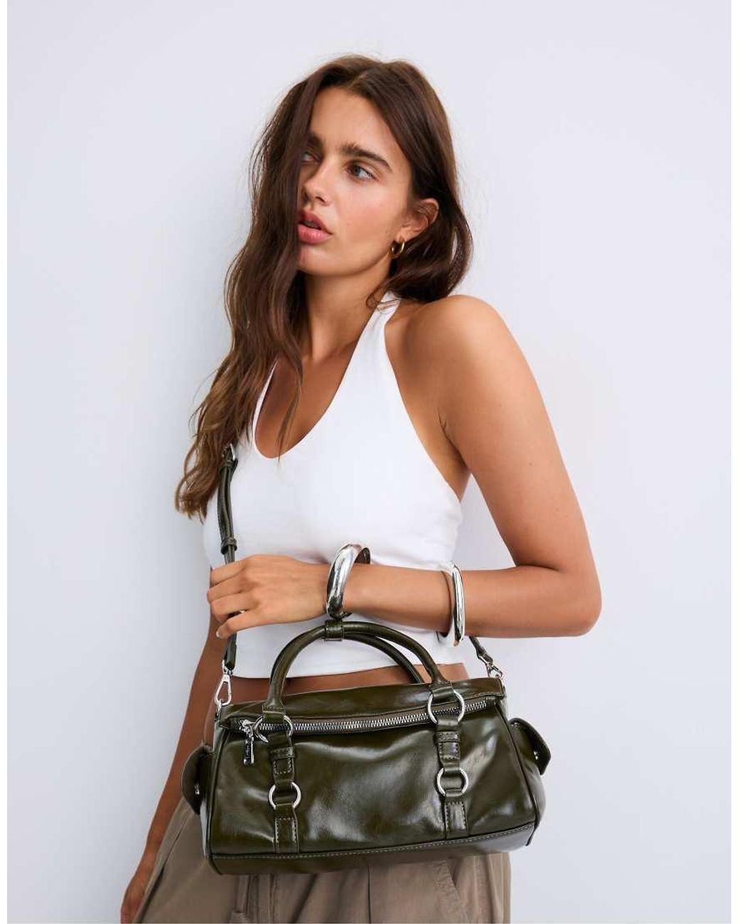 Stradivarius Green Zipped Bowling Bag