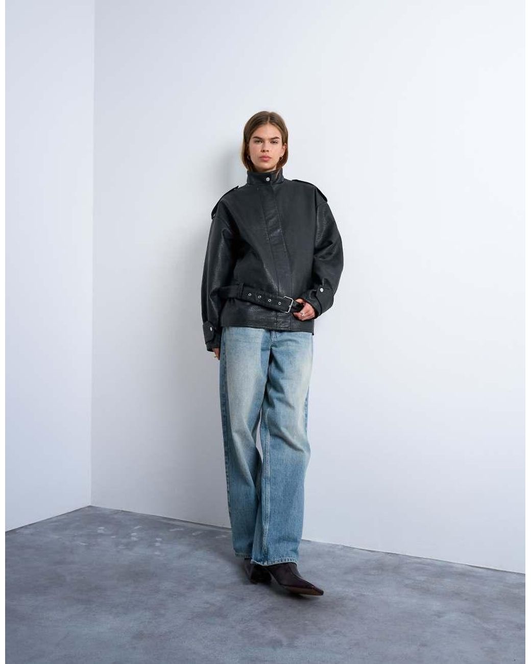 TOPSHOP Black Faux Bubble Leather Short Belted Funnel Bomber Jacket