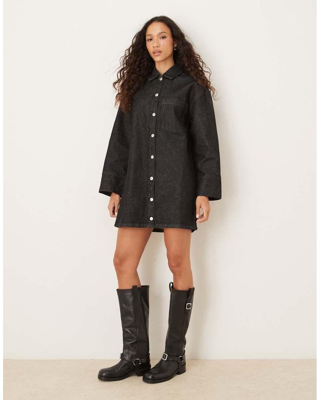 ASOS Black Denim Mini Long Sleeve Shirt Dress