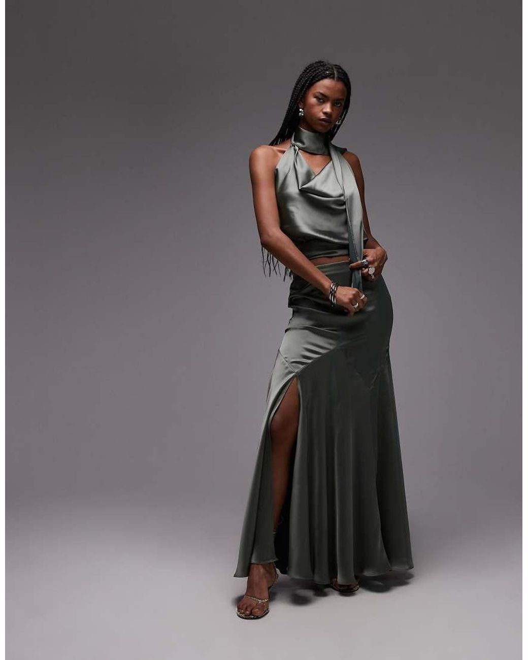 ASOS Gray Satin Drape Scarf Top
