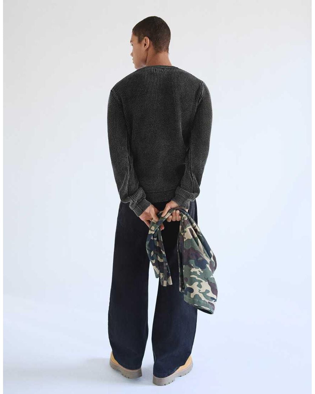 Bershka Black Washed-Effect Henley Jumper for men