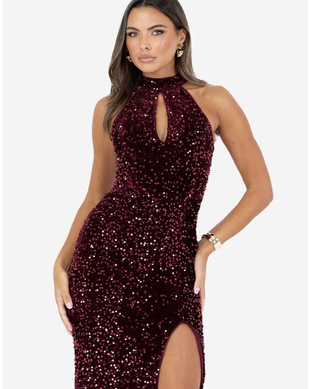 Maya Red Embellished Velvet Halter Neck Midi Dress