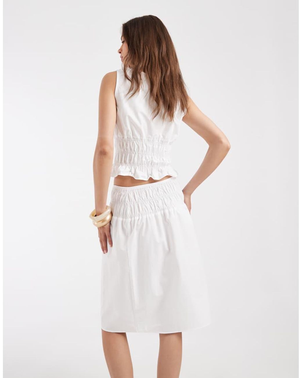 ASOS White Shirred Waist Midi Length Skirt