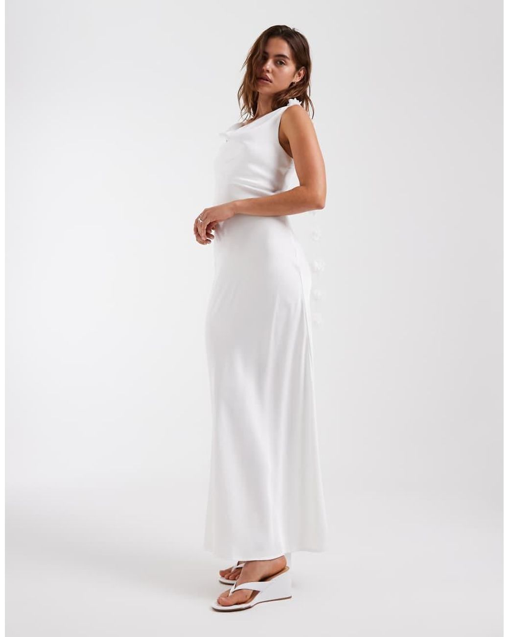 Vero Moda White Satin Cowl Neck Maxi Dress With 3d Floral Applique Trim