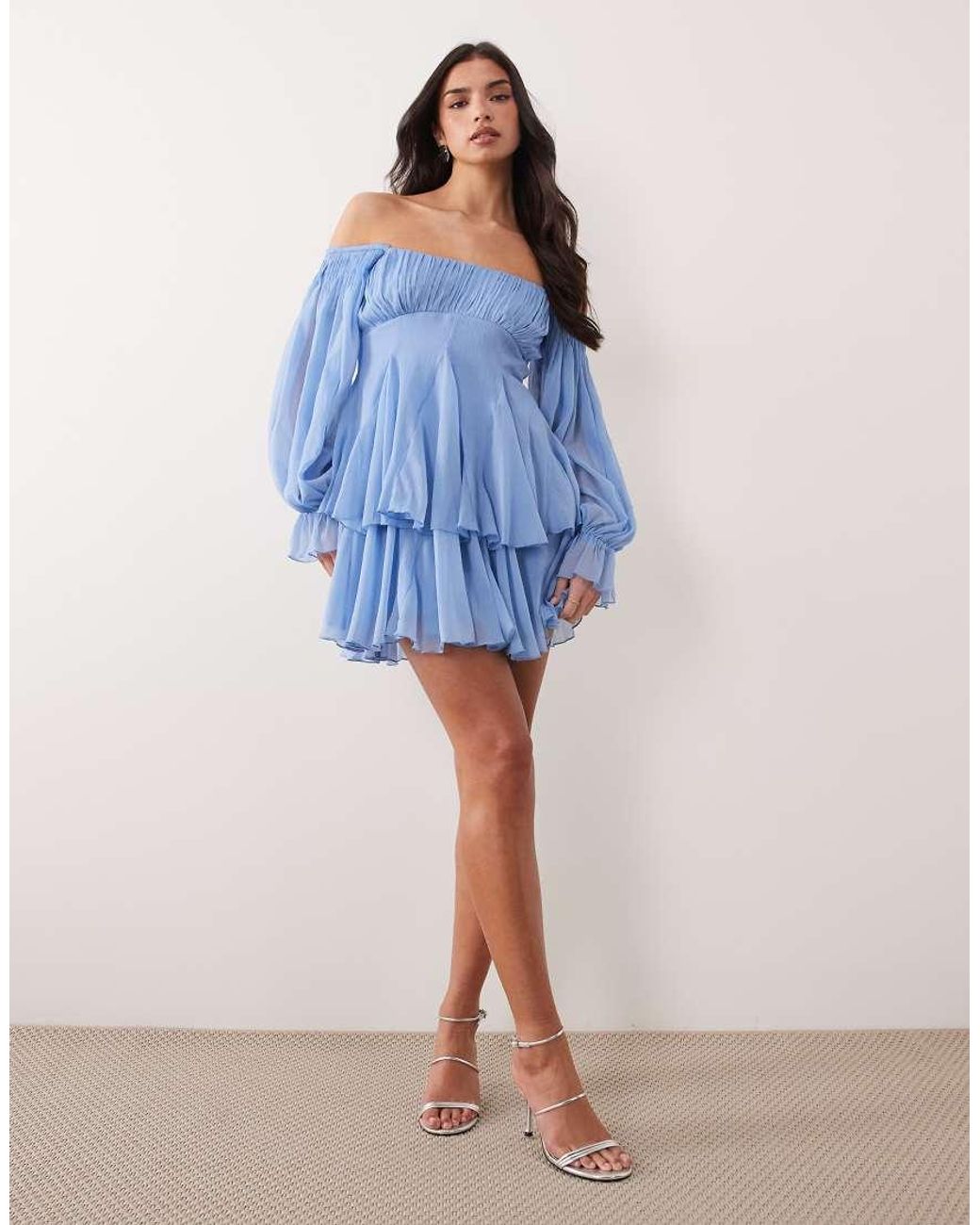 ASOS Blue Double Layer Off The Shoulder Godet Mini Dress